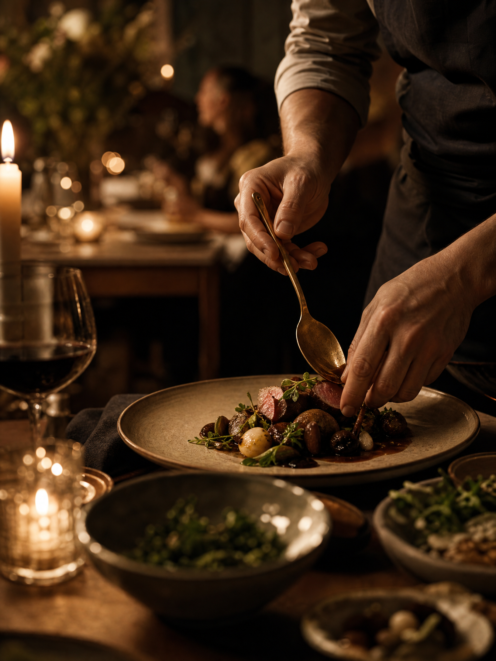 A private chef finishing a candlelit plate at an intimate home dinner